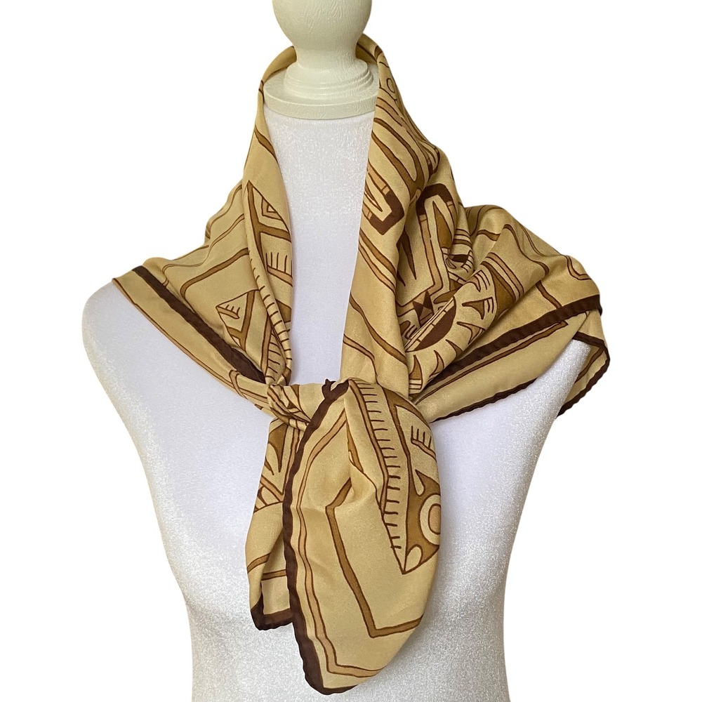 Richard Allan Vintage Tan Brown Geometric Tribal Print Square Scarf Italy
